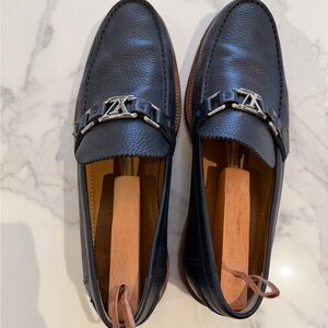 Louis Vuitton Navy Pebbled Leather Bit Loafers with Silver Hardware